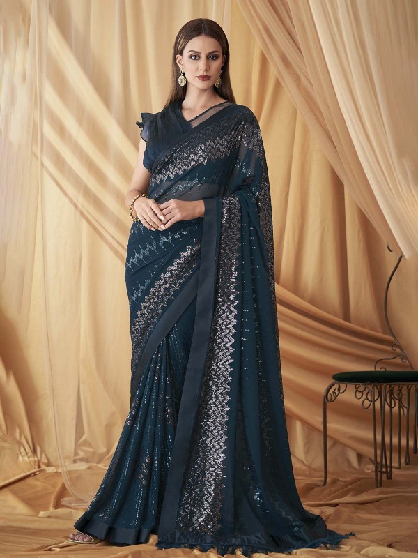 Peacock Blue Georgette Saree